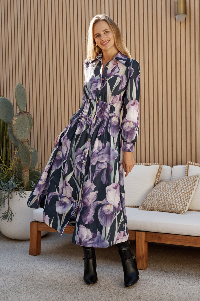 Jackie Maxi Shirt Dress in Black with Purple Floral Linen Blend