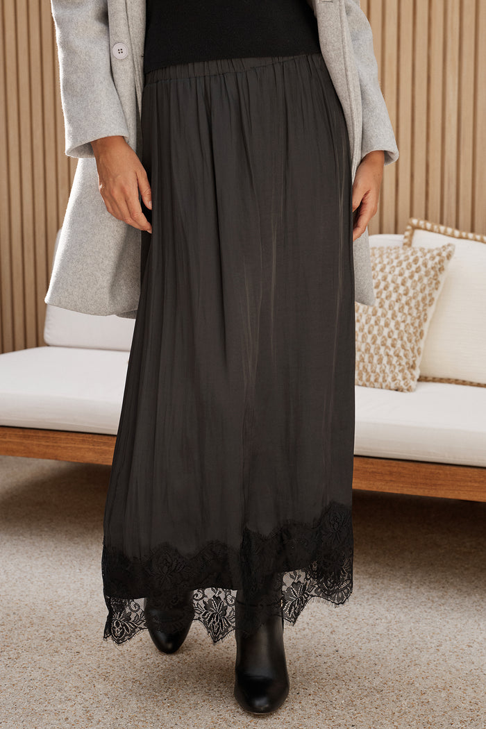 Best Yet Midi Skirt in Black Satin campaign front