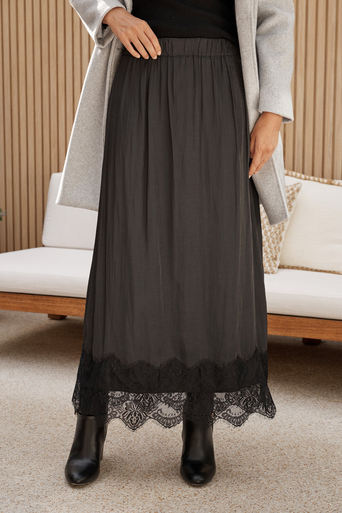 Best Yet Midi Skirt in Black Satin campaign front