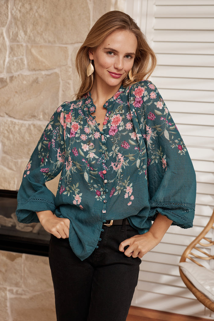 Ready or Not Top in Emerald Floral campaign front