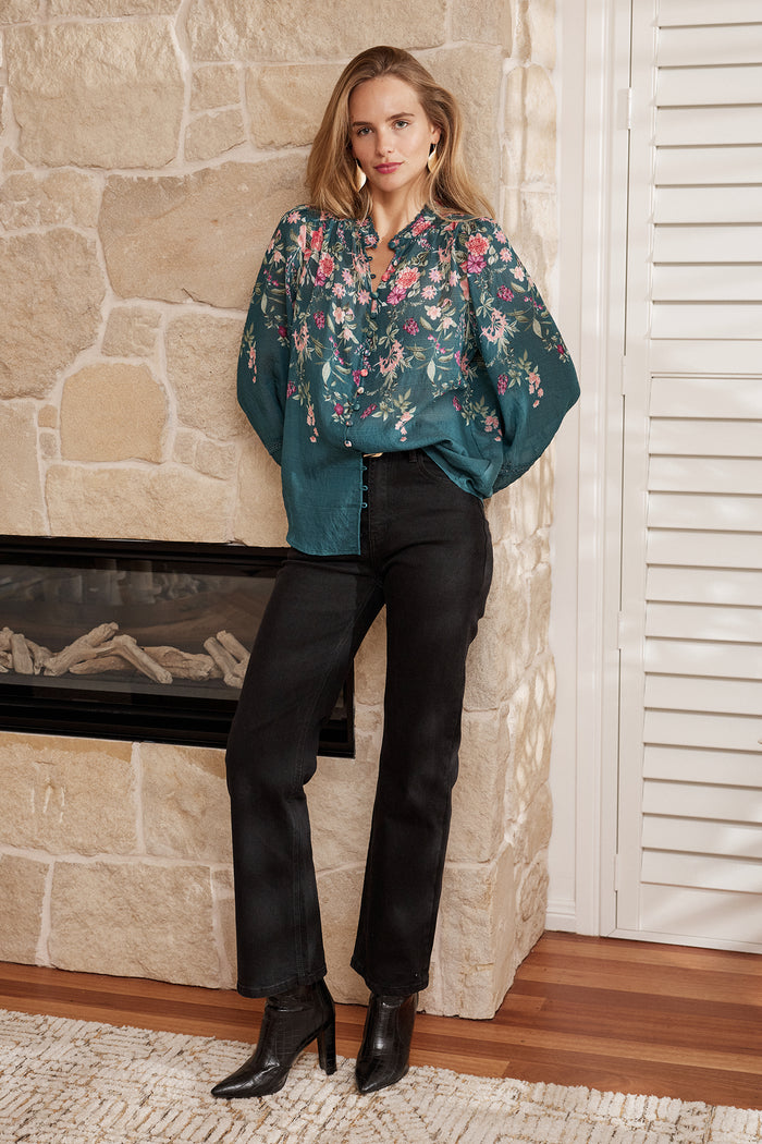 Ready or Not Top in Emerald Floral campaign full length