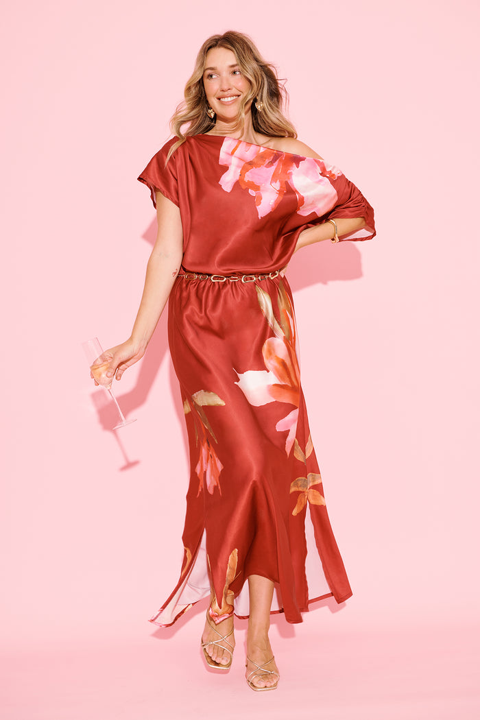 Sarita Maxi Off Shoulder Dress in Wine Floral Satin