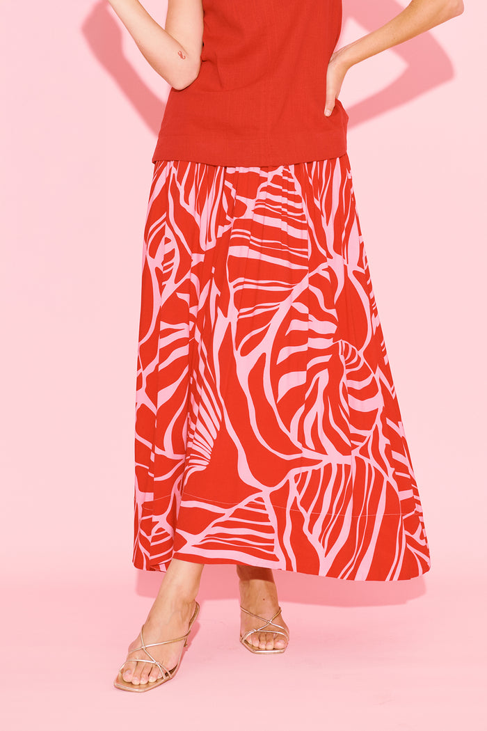 Julianna Maxi Skirt in Red with Pink Print