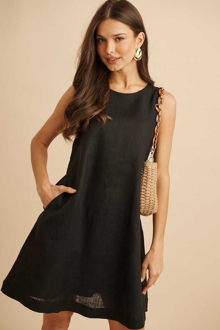 Island Dreamer Dress in Black Linen focus shoot front