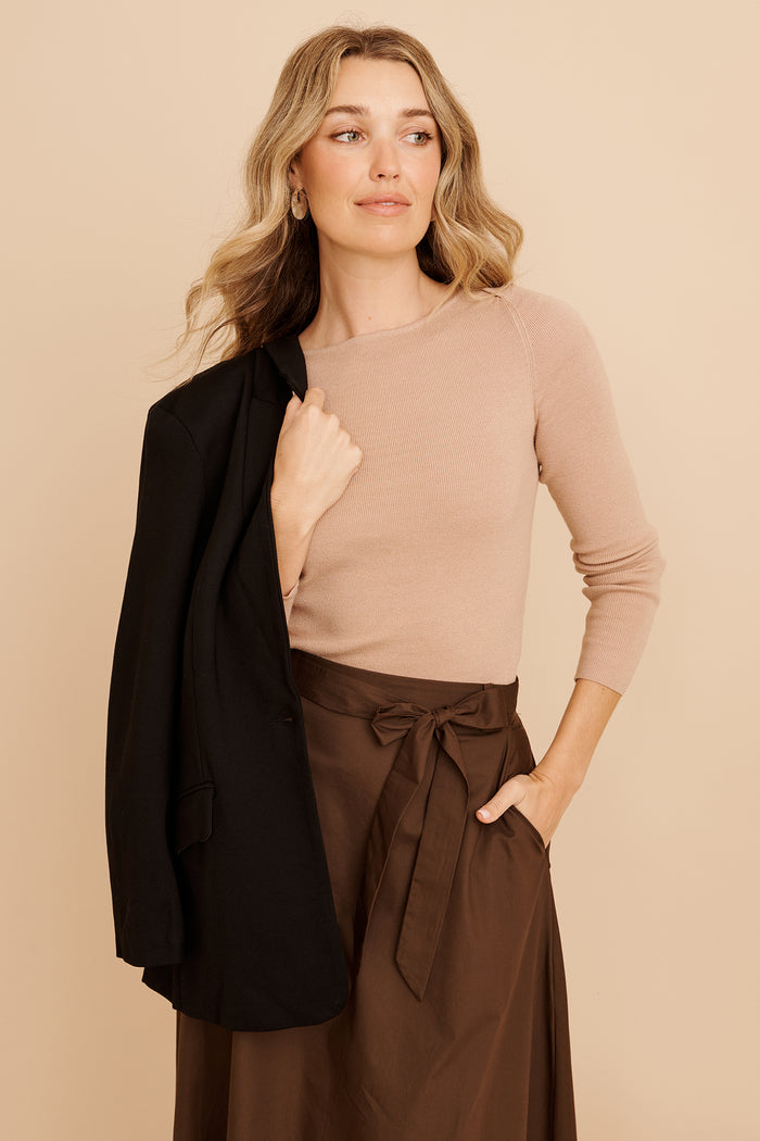 Base Knit Top in Taupe Cotton Blend focus shoot front