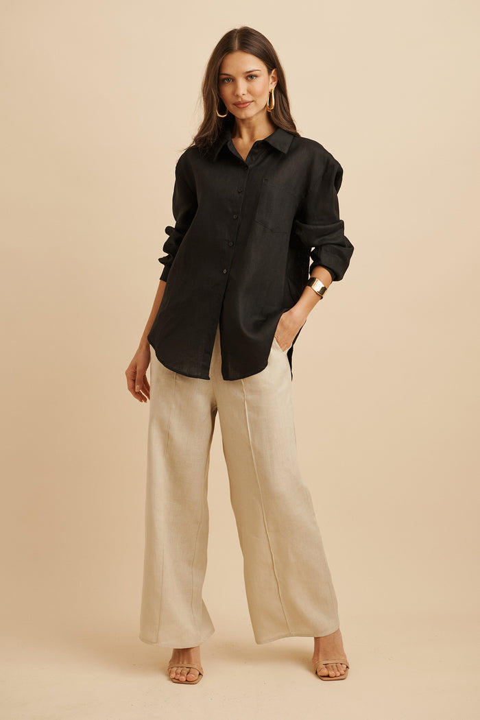 Ocean Echo Shirt in Black Linen focus shoot full length
