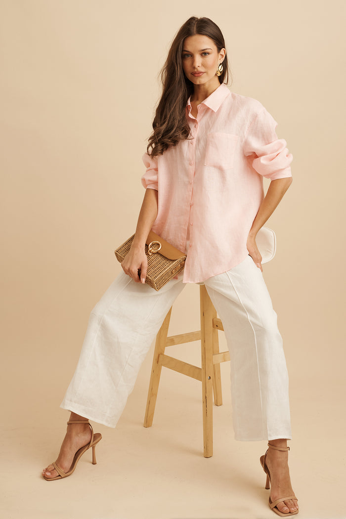 Ocean Echo Shirt in Pink Linen focus shoot detail