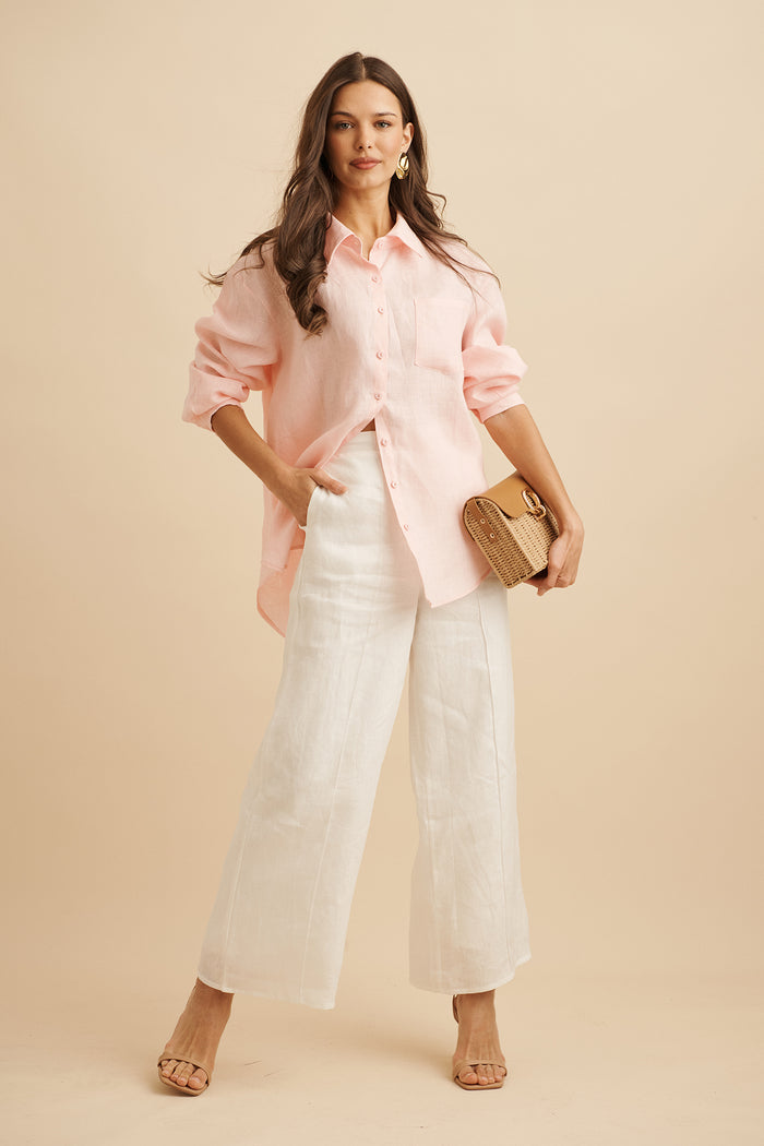 Ocean Echo Shirt in Pink Linen focus shoot full length