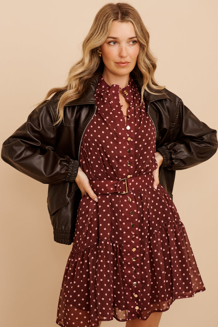 Mica Dress in Burgundy Polka Dot Chiffon focus shoot front