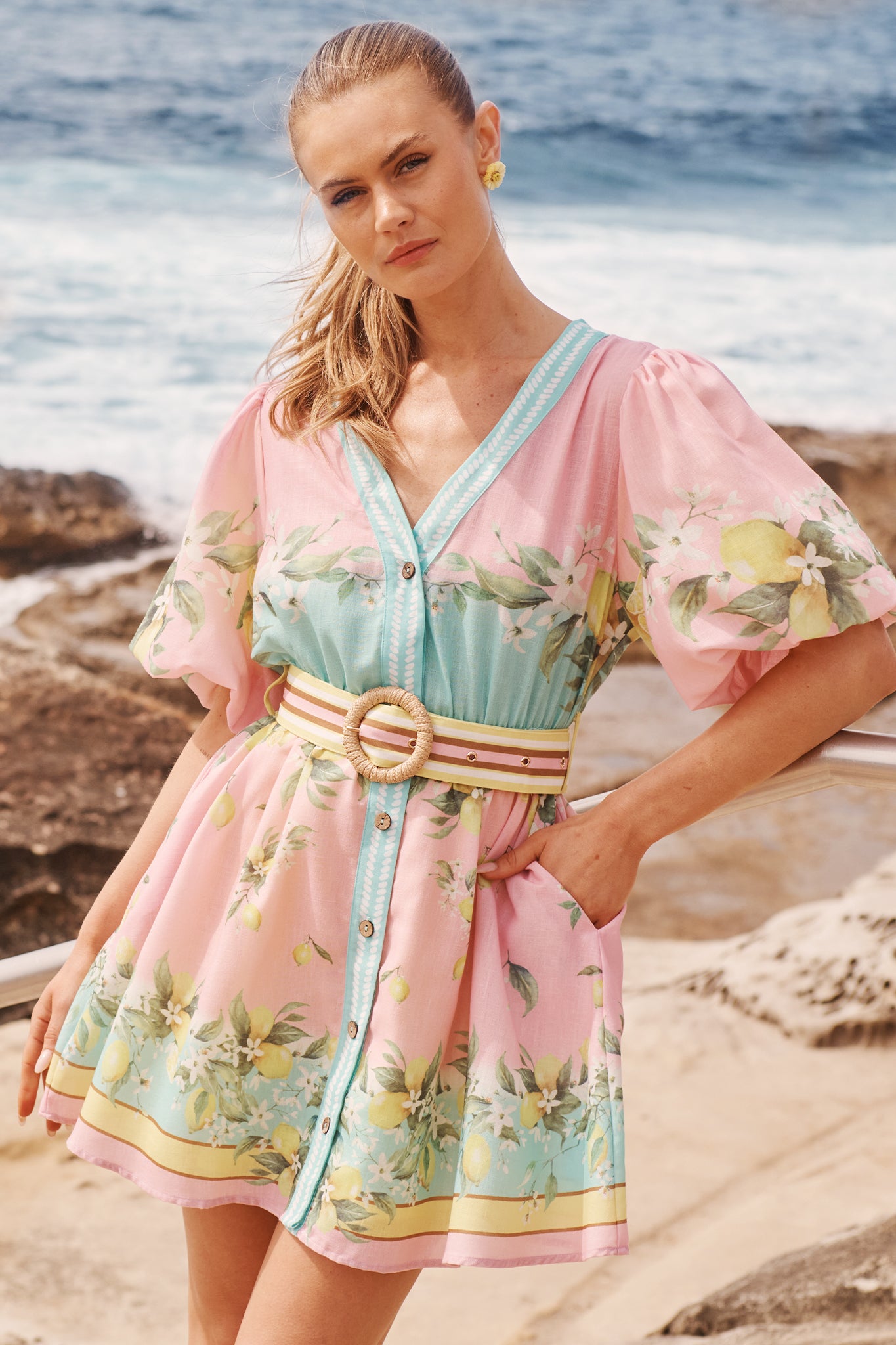 Limonelle Dress in Pink with Lemon Linen Blend campaign front