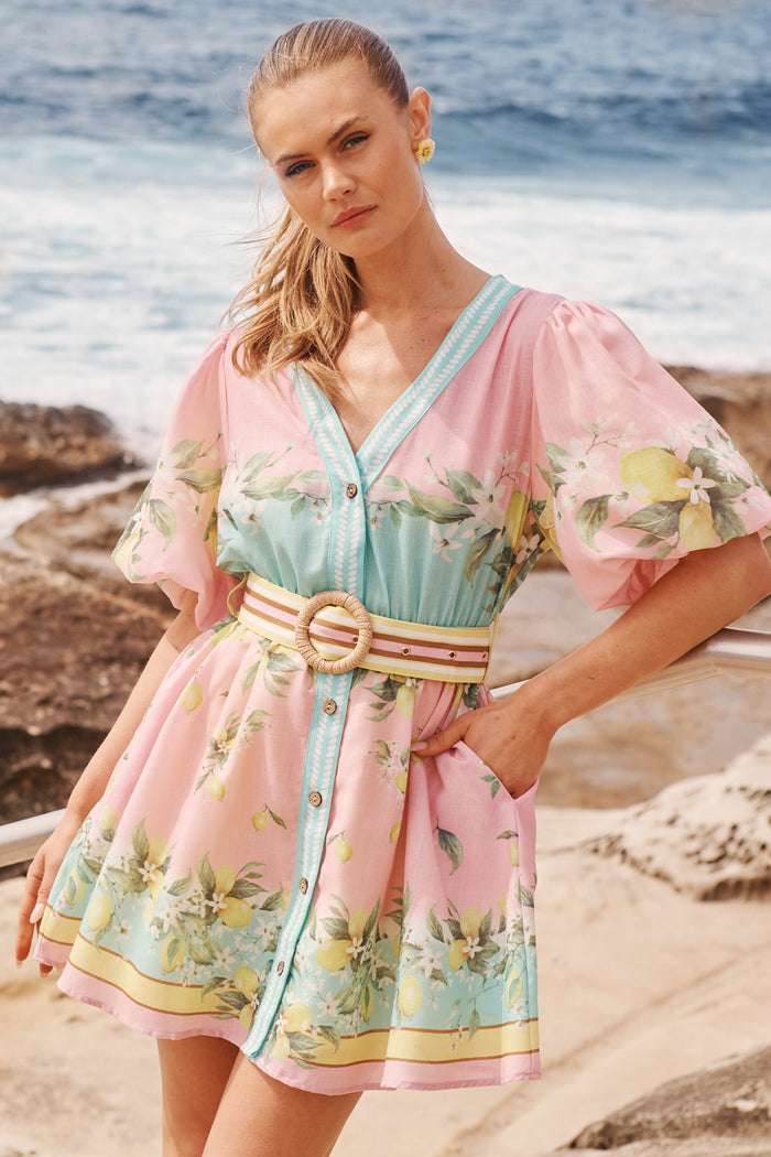 Limonelle Dress in Pink with Lemon Linen Blend campaign front
