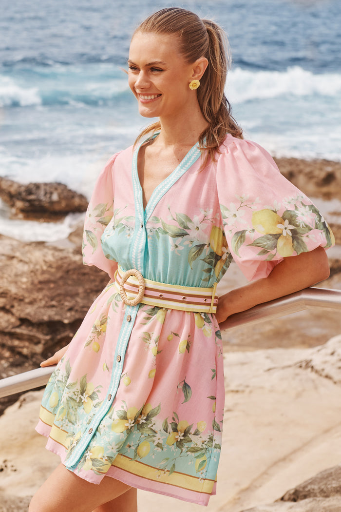 Limonelle Dress in Pink with Lemon Linen Blend campaign front