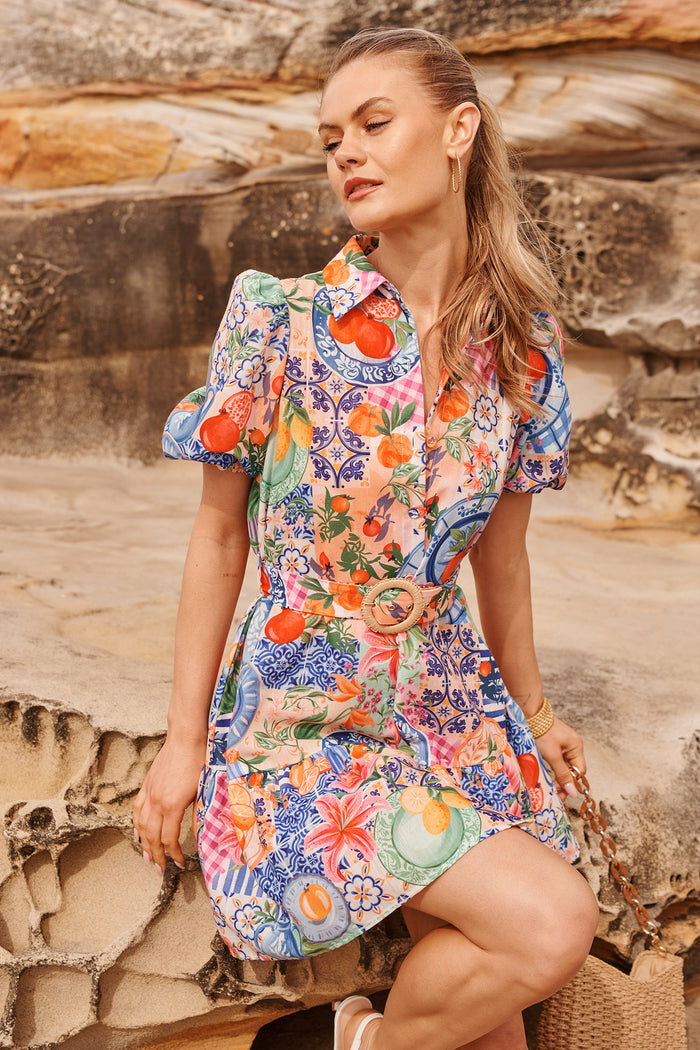 Tropical Twist Shirt Dress in Multi Fruit Patchwork Linen Blend campaign front