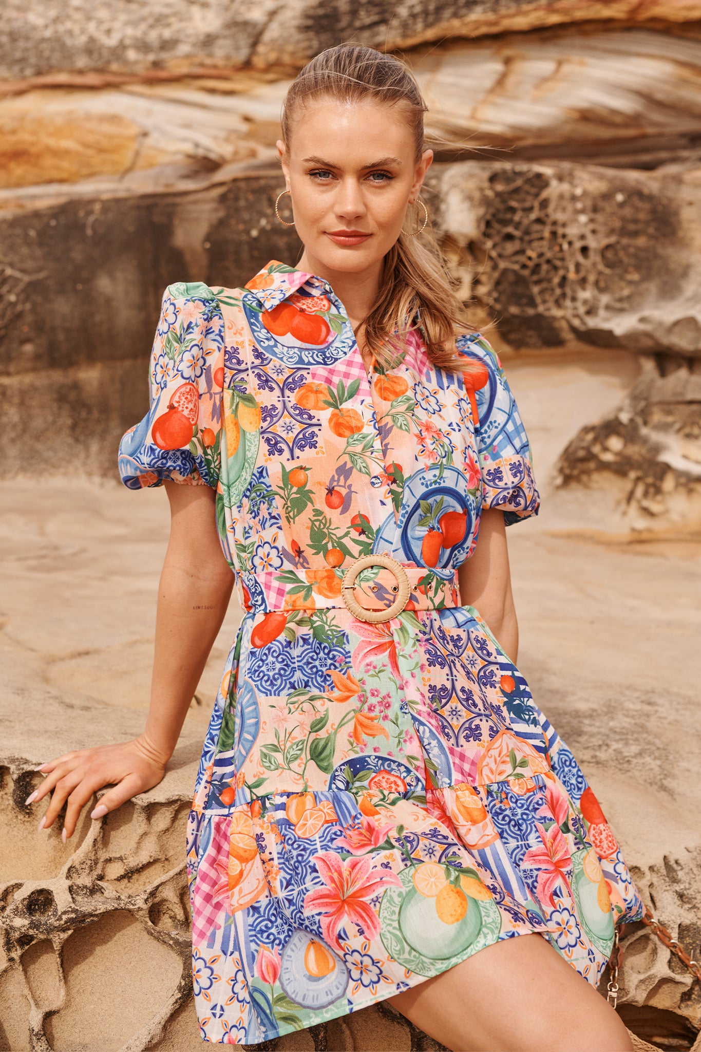 Tropical Twist Shirt Dress in Multi Fruit Patchwork Linen Blend campaign front