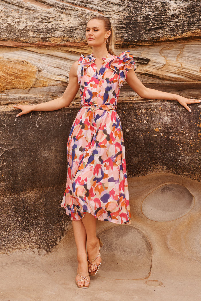 Delphine Woven Basket Tote Bag in Natural and Cream campaign on model side