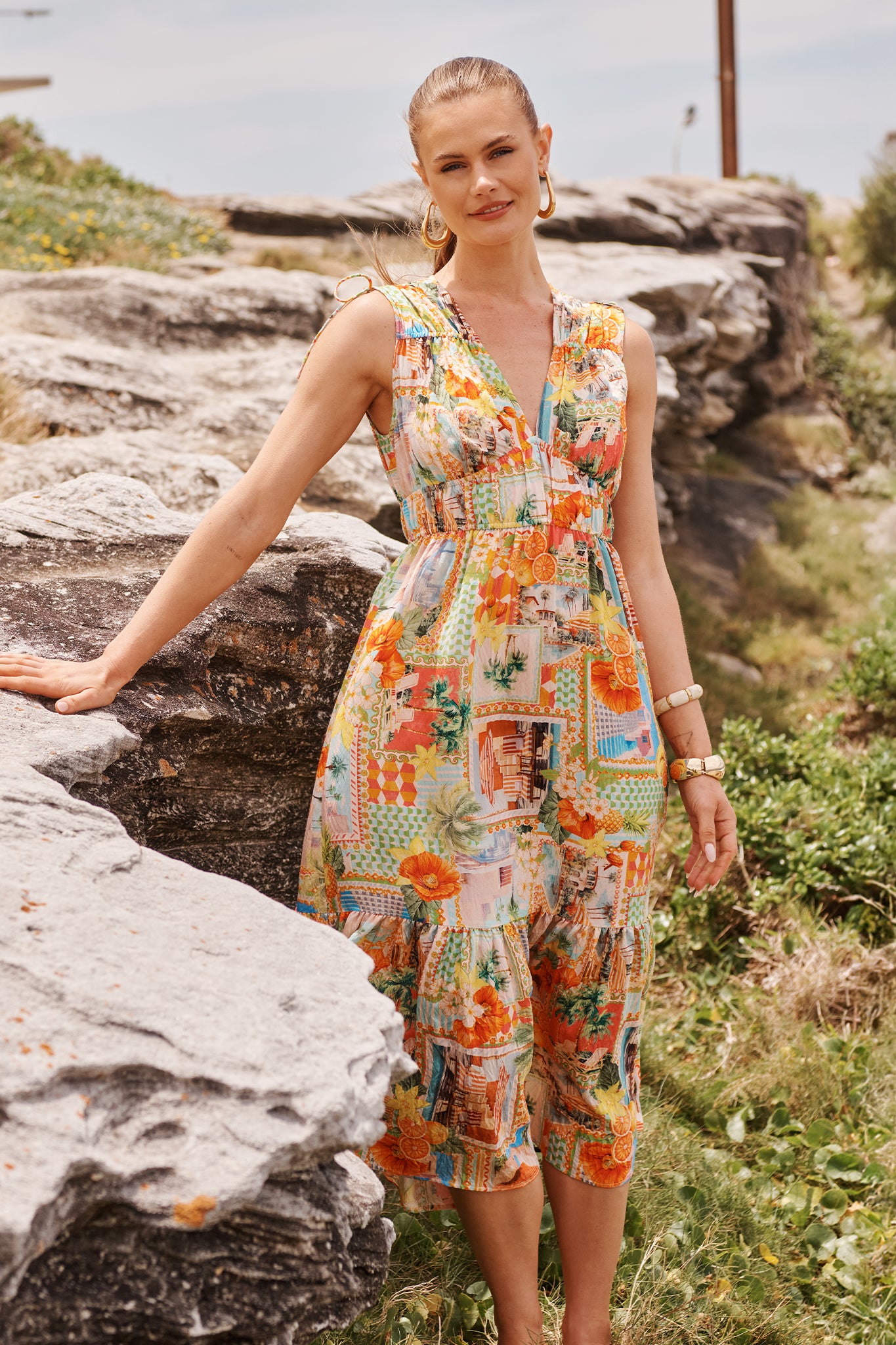 Seaside Vibe Dress in Multi Postcard Print campaign front
