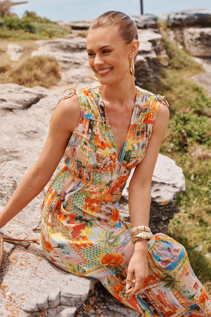 Sipping Sunshine Midi Dress in Multi Postcard Print campaign full length