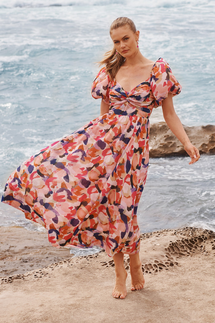 Effortless Luxe Maxi Dress in Multi Print campaign full length