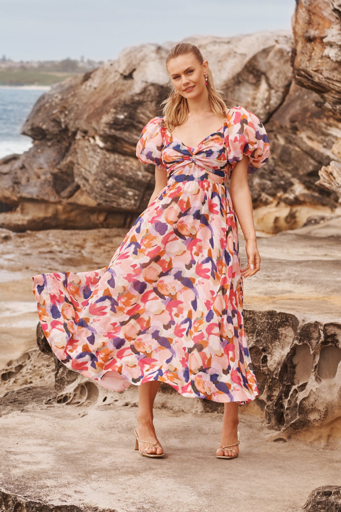 Dusk Desire Midi Dress in Multi Print campaign full length