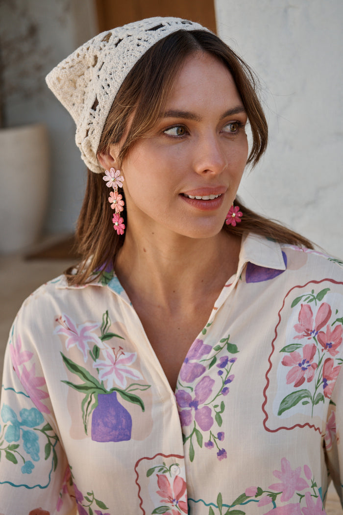 Chiara Crochet Headscarf in Cream campaign on model front