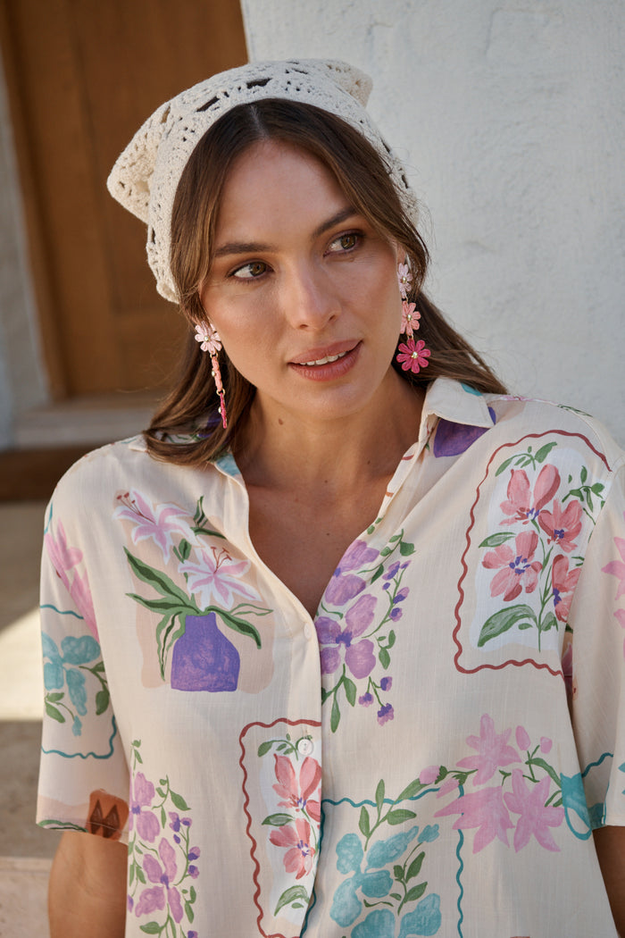 Chiara Crochet Headscarf in Cream campaign on model front