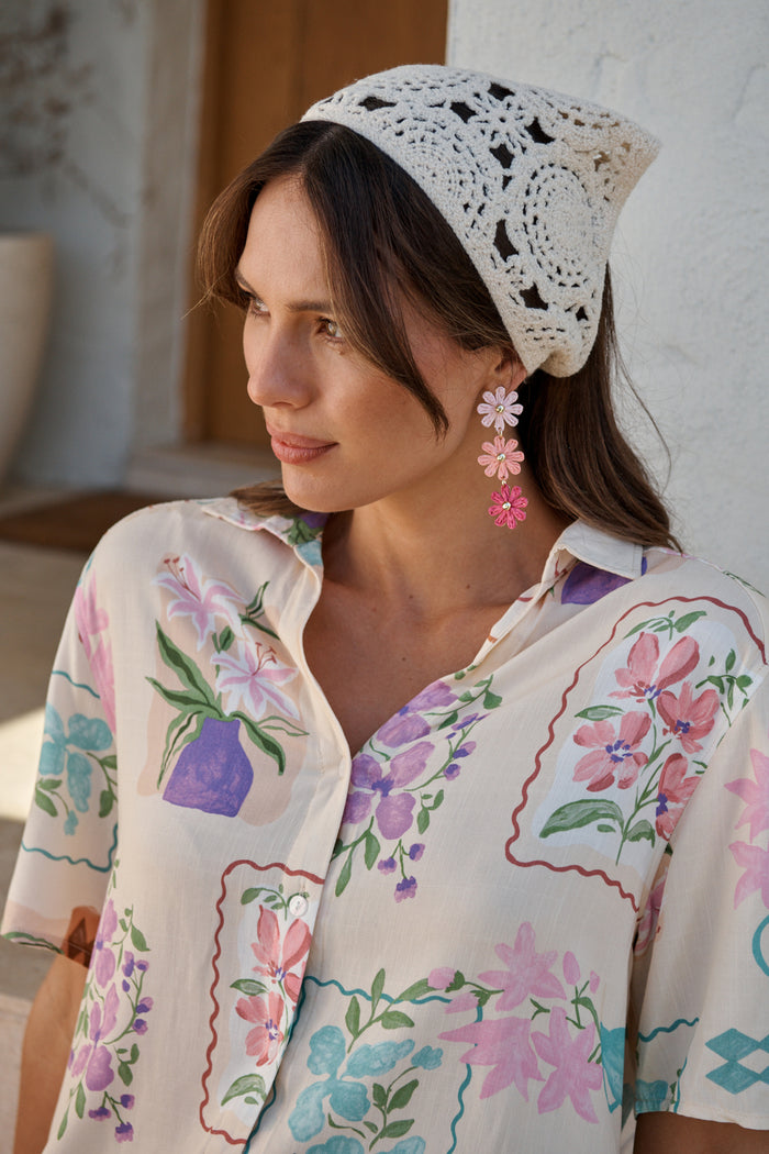 Chiara Crochet Headscarf in Cream campaign on model side