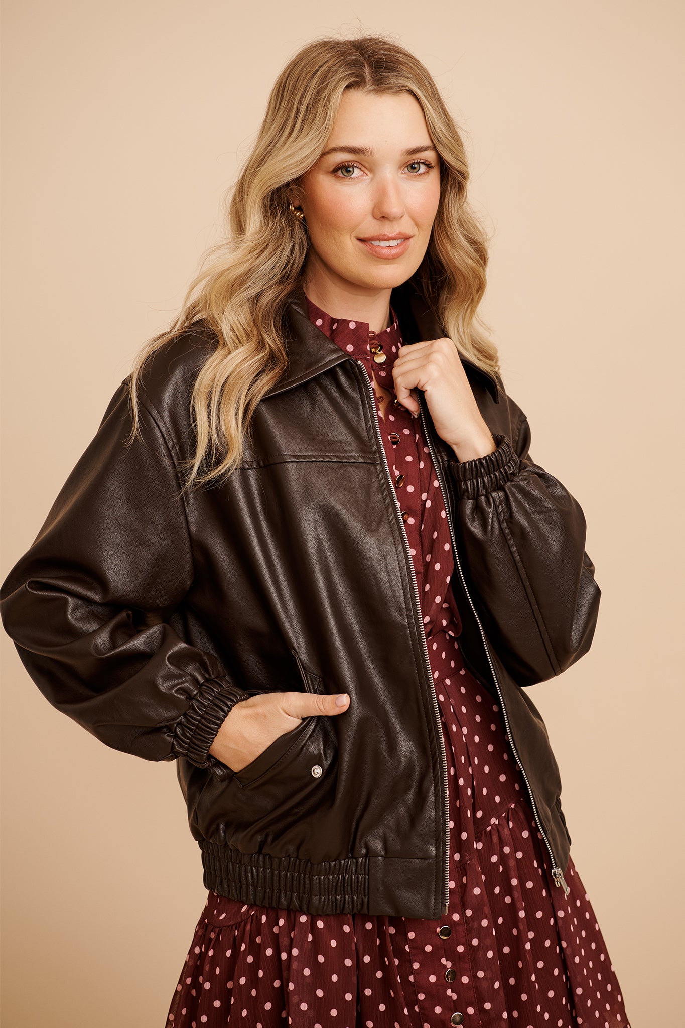 Dewdrop Bomber Jacket in Chocolate Leatherette focus shoot front
