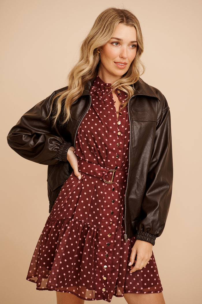 Dewdrop Bomber Jacket in Chocolate Leatherette focus shoot front