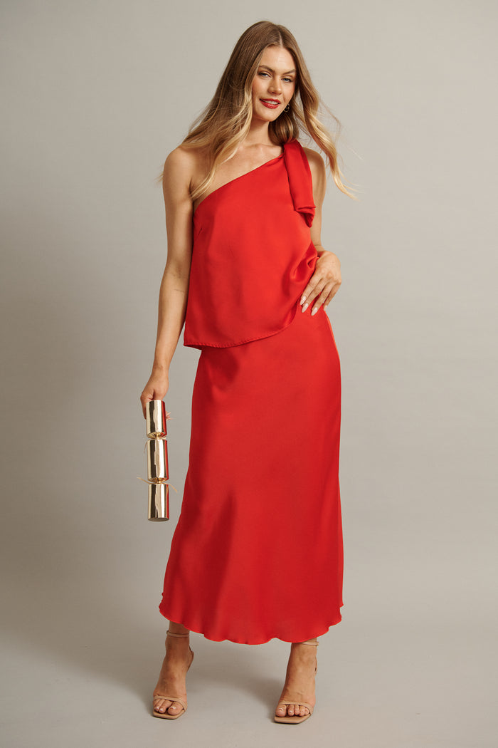 Cressida Maxi Skirt in Red Satin focus shoot full length