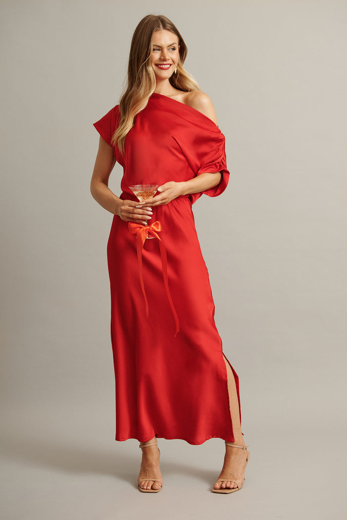 Sarita Maxi Off Shoulder Dress in Red Satin