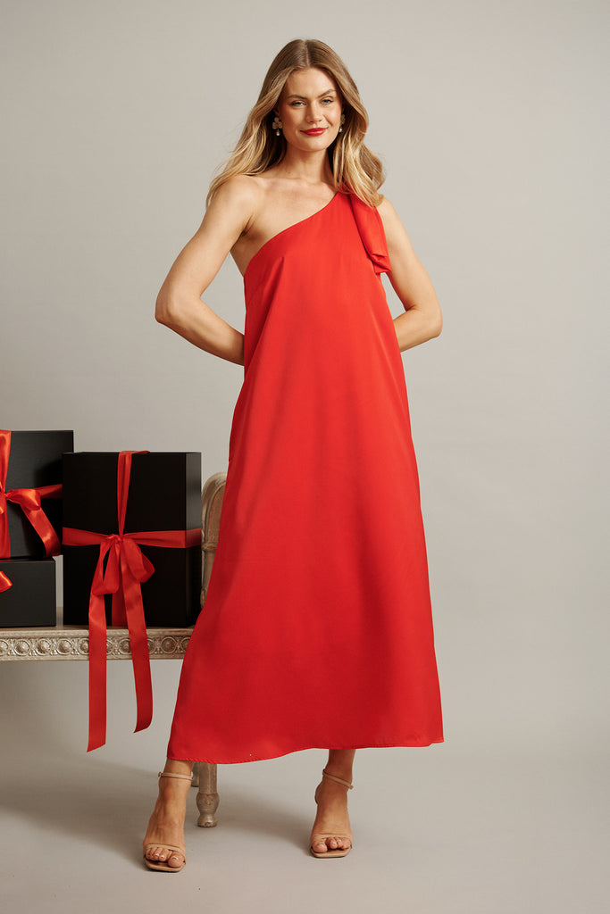 Loyality One Shoulder Maxi Dress in Red Satin focus shoot full length
