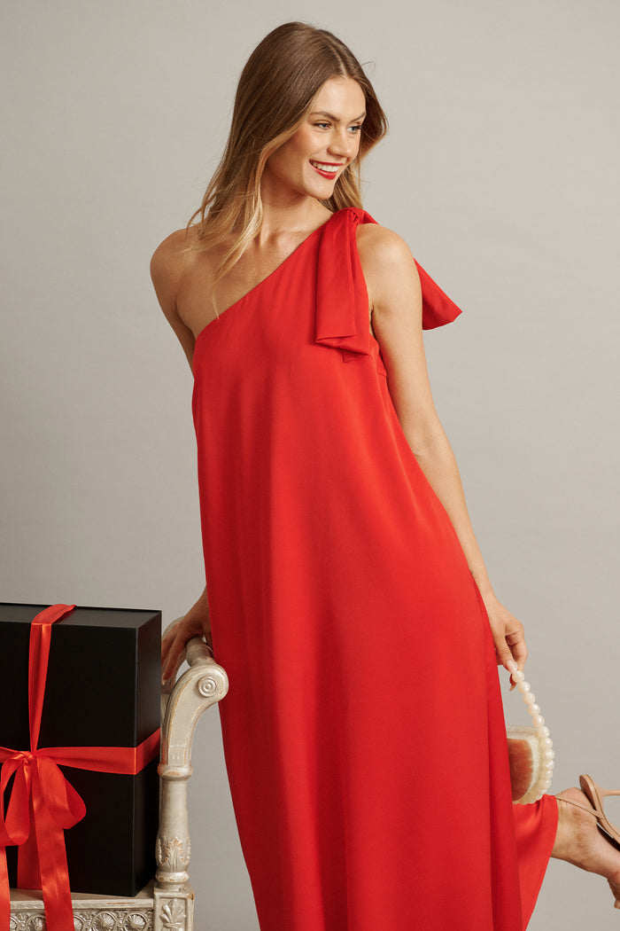 Loyality One Shoulder Maxi Dress in Red Satin focus shoot front