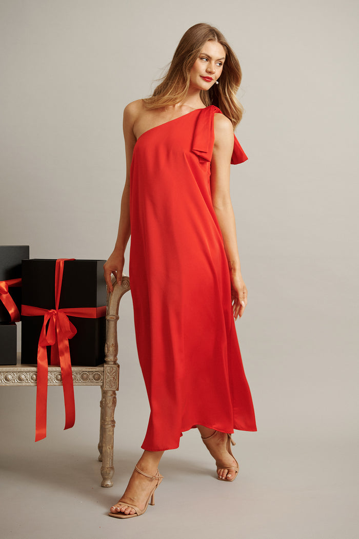 Loyality One Shoulder Maxi Dress in Red Satin focus shoot full length