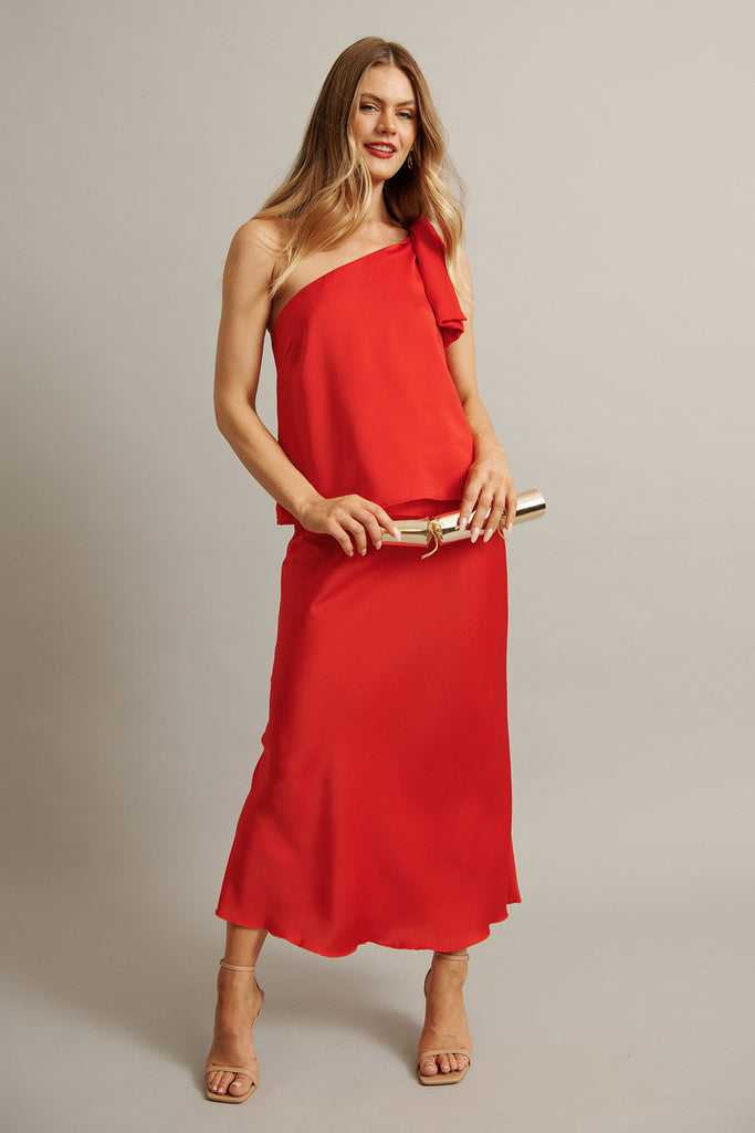 Denzel Top in Red Satin focus shoot full length