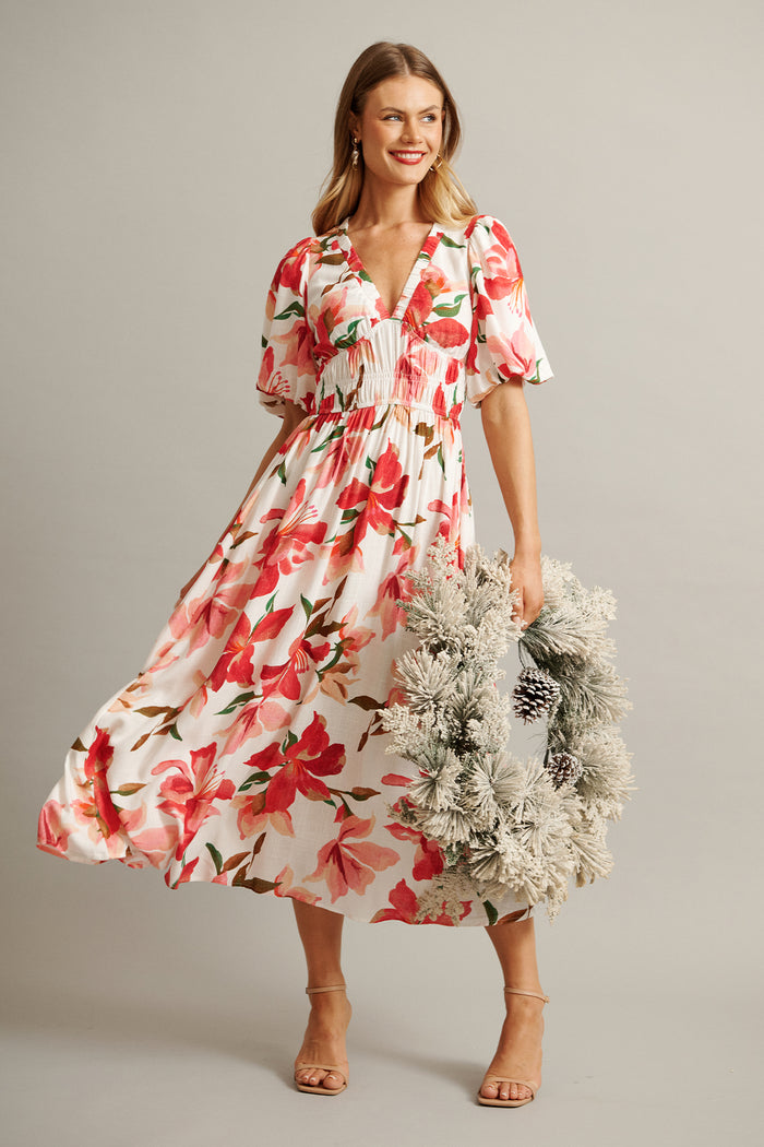 Bloomlit Midi Dress in White with Red Floral Linen Blend | St Frock Bloomlit Midi Dress in White with Red Floral Linen Blend | St Frock