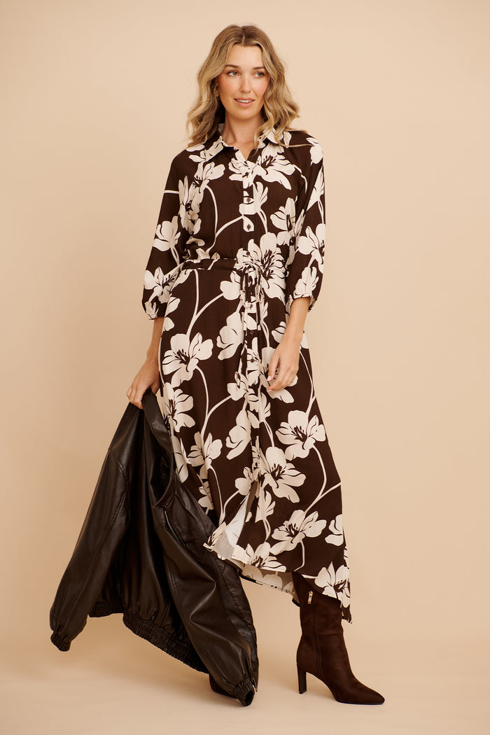 Neroli Midi Shirt Dress In Chocolate and Cream Floral focus shoot full