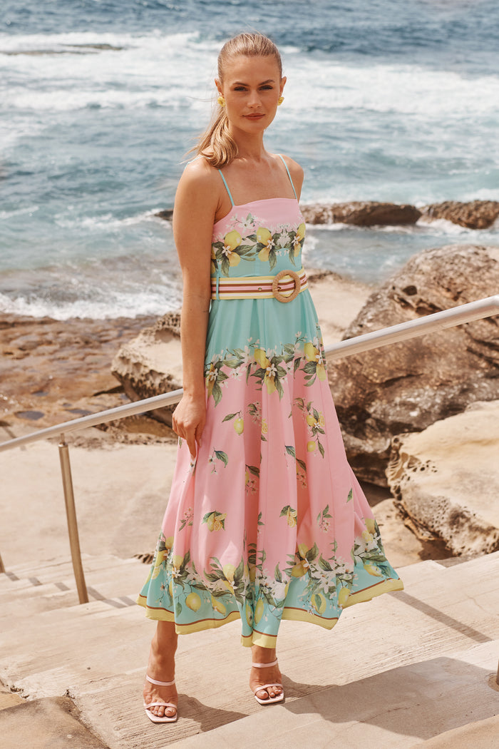 Lemon Whisper Long Sundress in Pink with Lemon Linen Blend campaign full length
