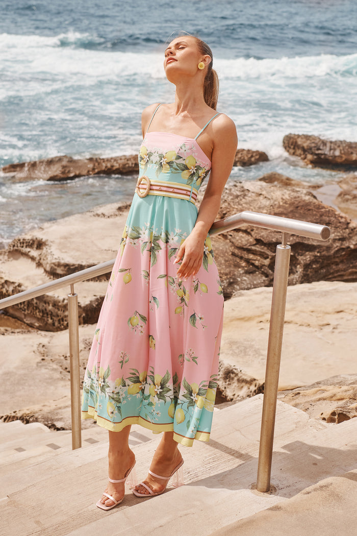 Lemon Whisper Long Sundress in Pink with Lemon Linen Blend campaign full length