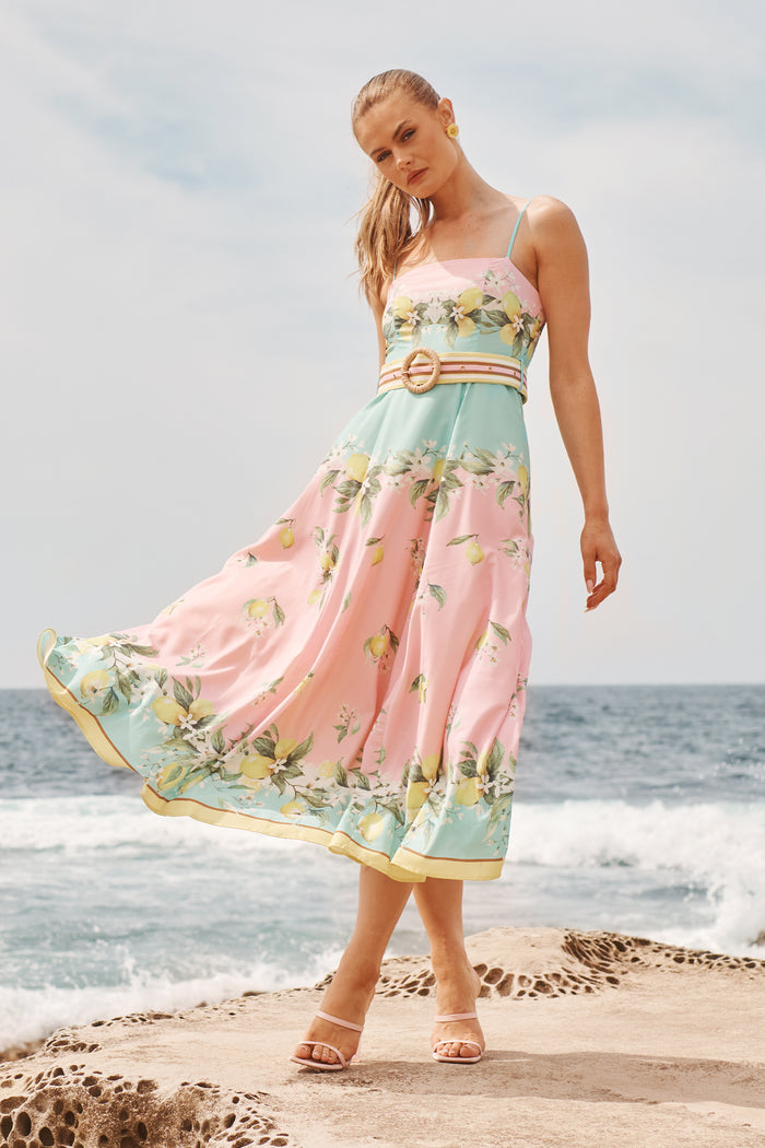 Lemon Whisper Long Sundress in Pink with Lemon Linen Blend campaign full length