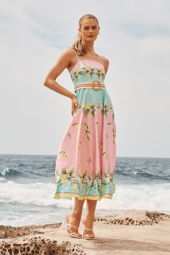 Lemon Whisper Long Sundress in Pink with Lemon Linen Blend campaign full length