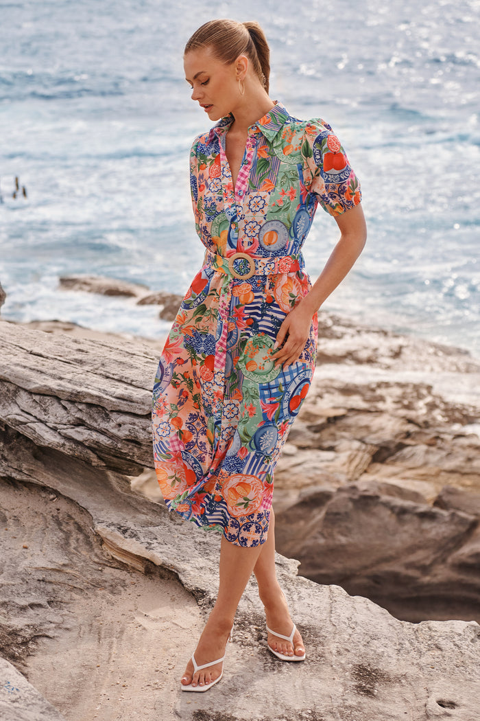 Dearest Midi Shirt Dress in Multi Fruit Patchwork Linen Blend campaign full length