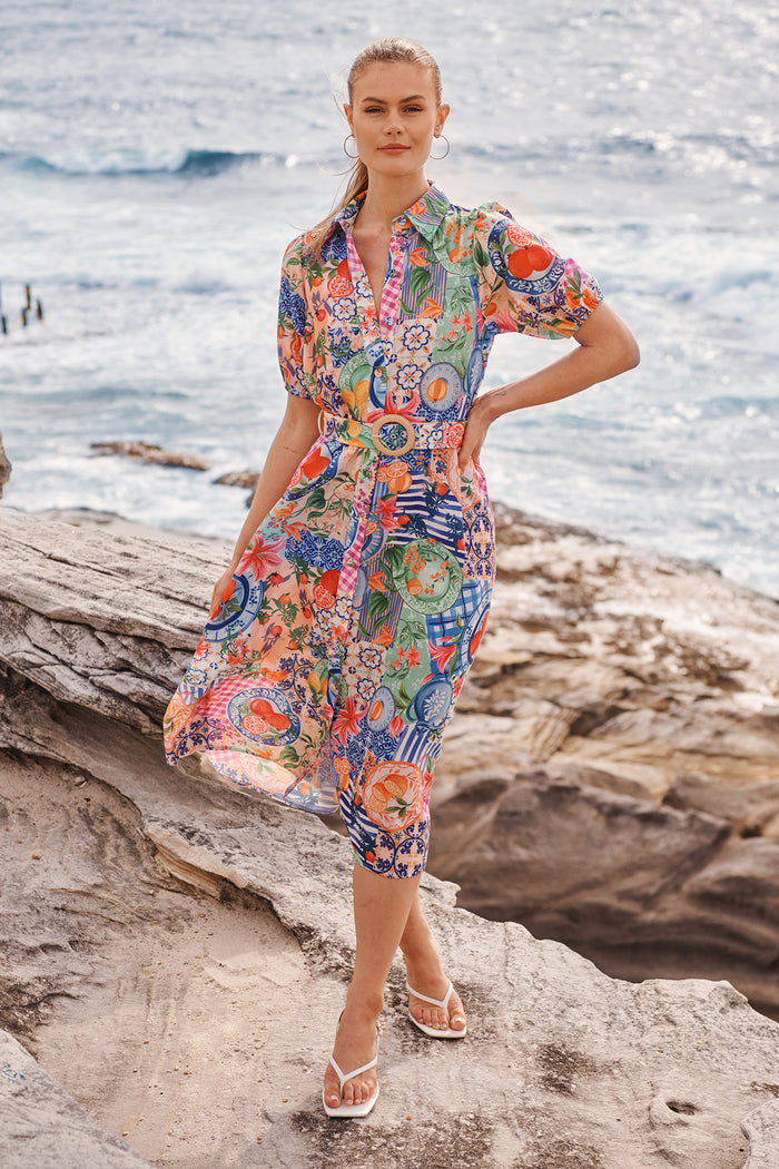 Dearest Midi Shirt Dress in Multi Fruit Patchwork Linen Blend | St Frock Dearest Midi Shirt Dress in Multi Fruit Patchwork Linen Blend | St Frock