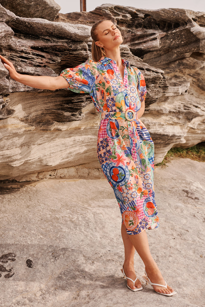 Dearest Midi Shirt Dress in Multi Fruit Patchwork Linen Blend campaign full length