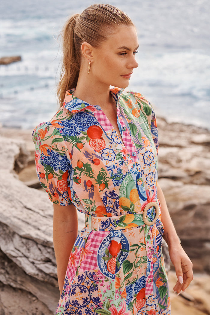 Dearest Midi Shirt Dress in Multi Fruit Patchwork Linen Blend campaign detail