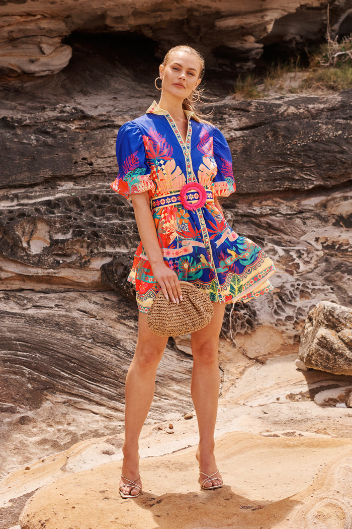 Tropic Haze Shirt Dress in Blue with Multi Print Linen Blend campaign full length