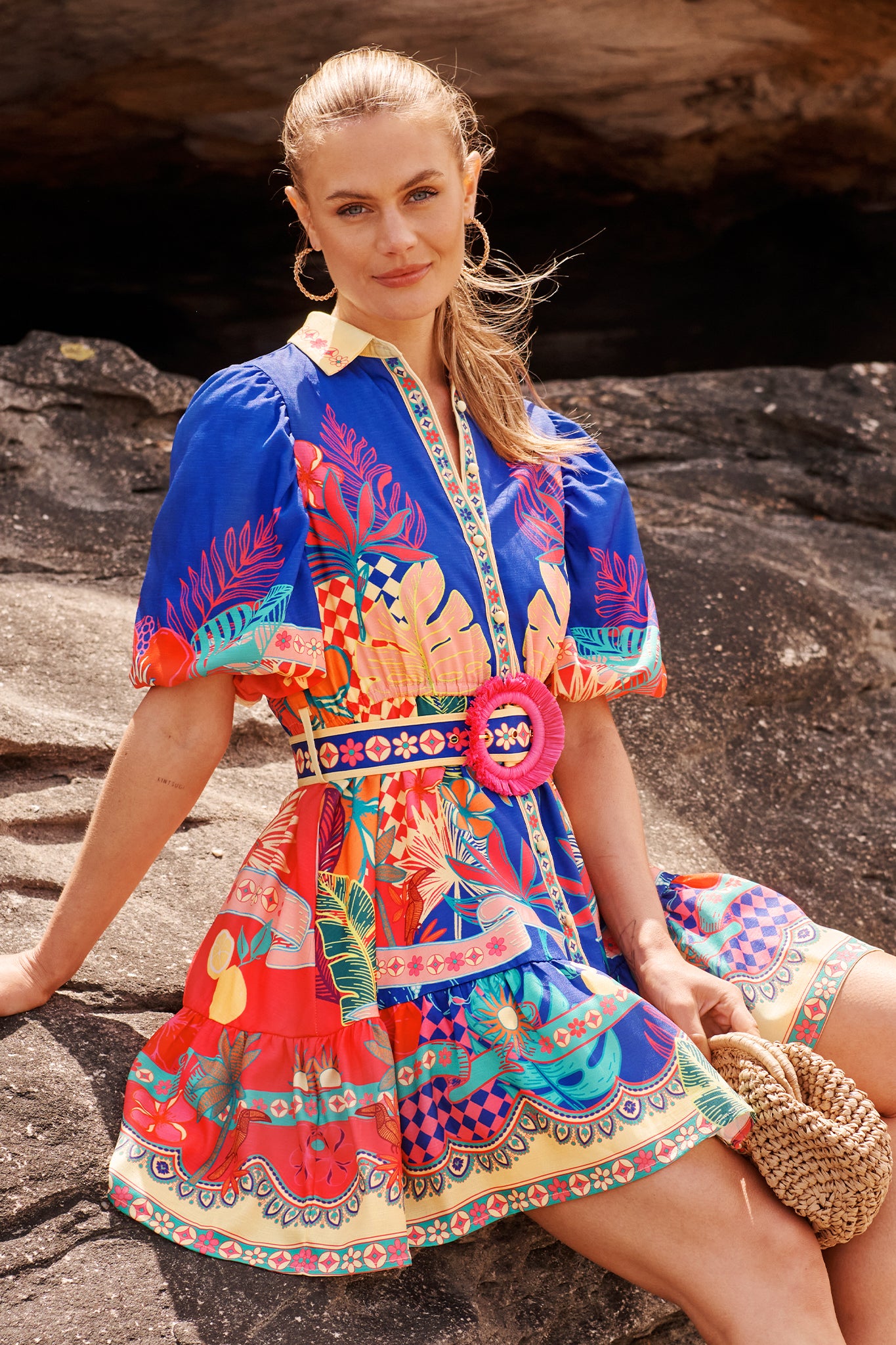 Tropic Haze Shirt Dress in Blue with Multi Print Linen Blend campaign front