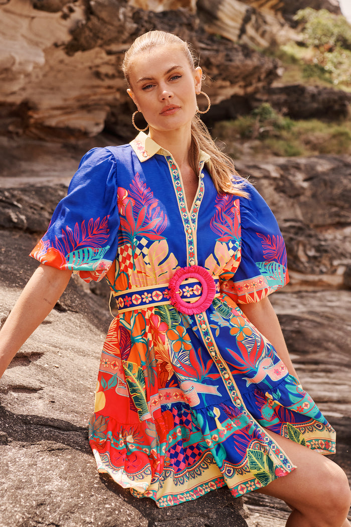 Tropic Haze Shirt Dress in Blue with Multi Print Linen Blend campaign front
