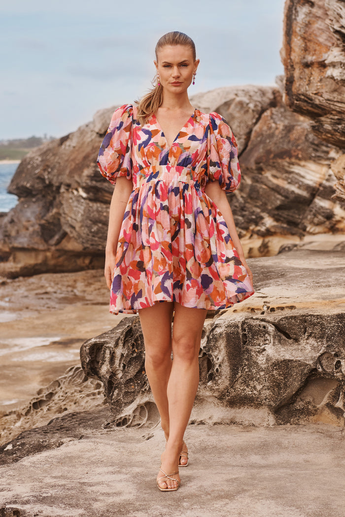 Champagne Nights Dress in Multi Print campaign sitting