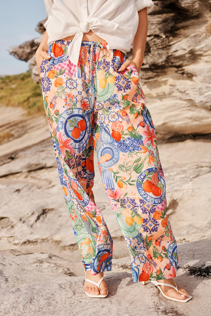 Romeo Pant in Multi Fruit Patchwork Linen Blend campaign front