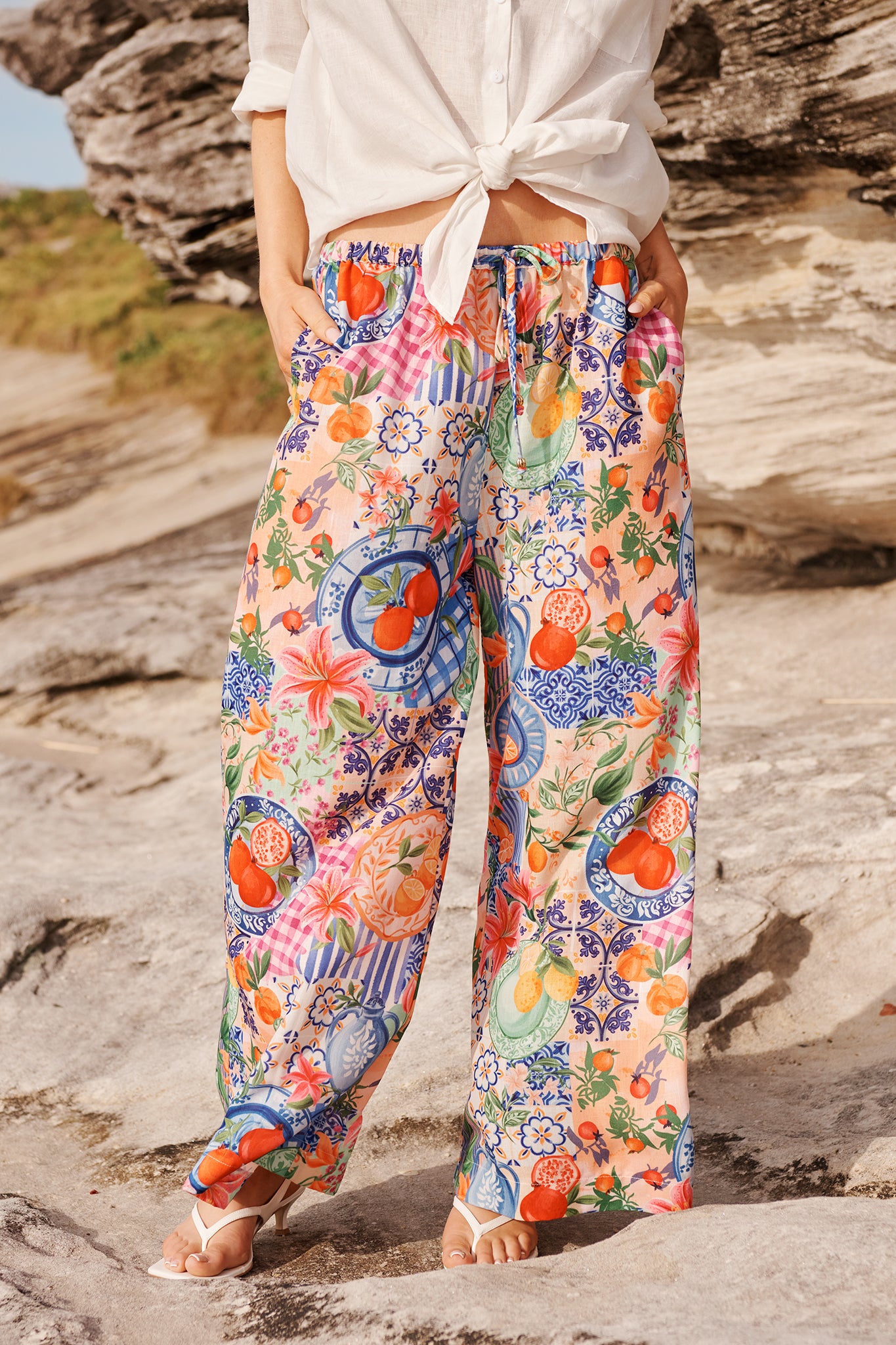 Romeo Pant in Multi Fruit Patchwork Linen Blend campaign front
